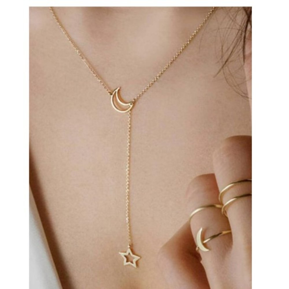 Dangling star lariat moon necklace